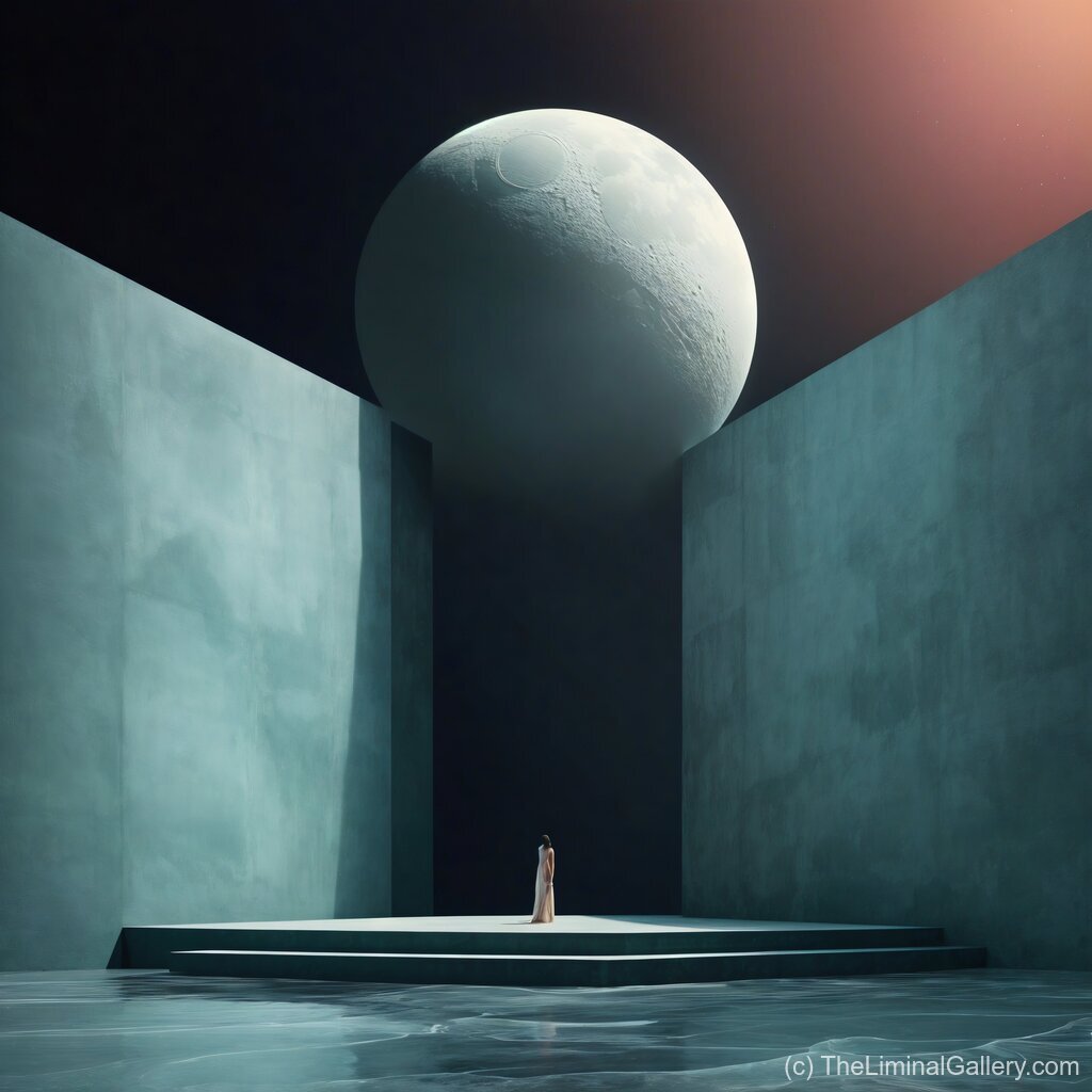 A tranquil moonlit scene capturing the isolation and haunting beauty of liminal spaces, evoking quiet reflection.